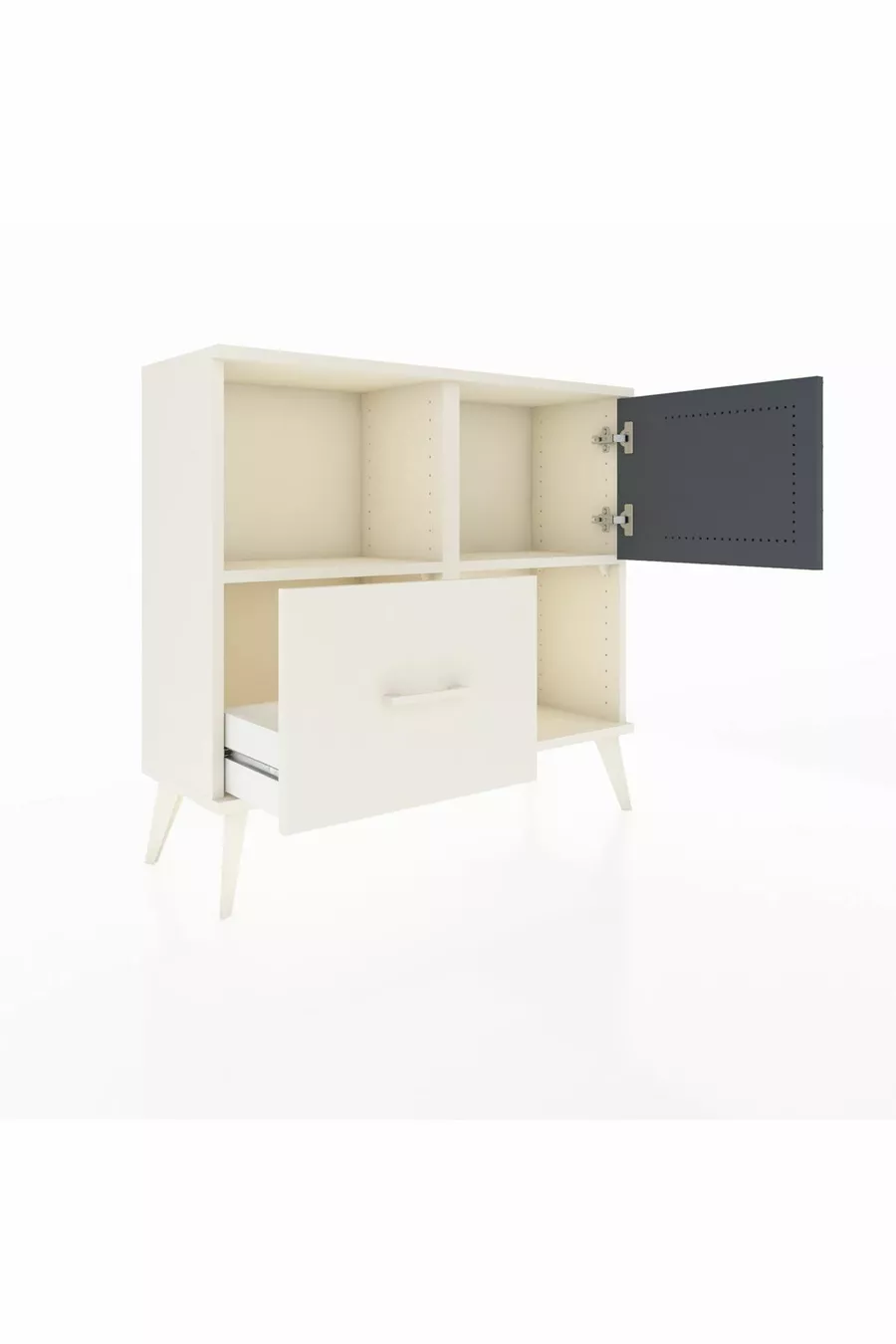 Commode Arges avec 2 étagères, 1 tiroir et 1 porte, couleur Pierre de Lune-Anthracite/Pierre de Lune