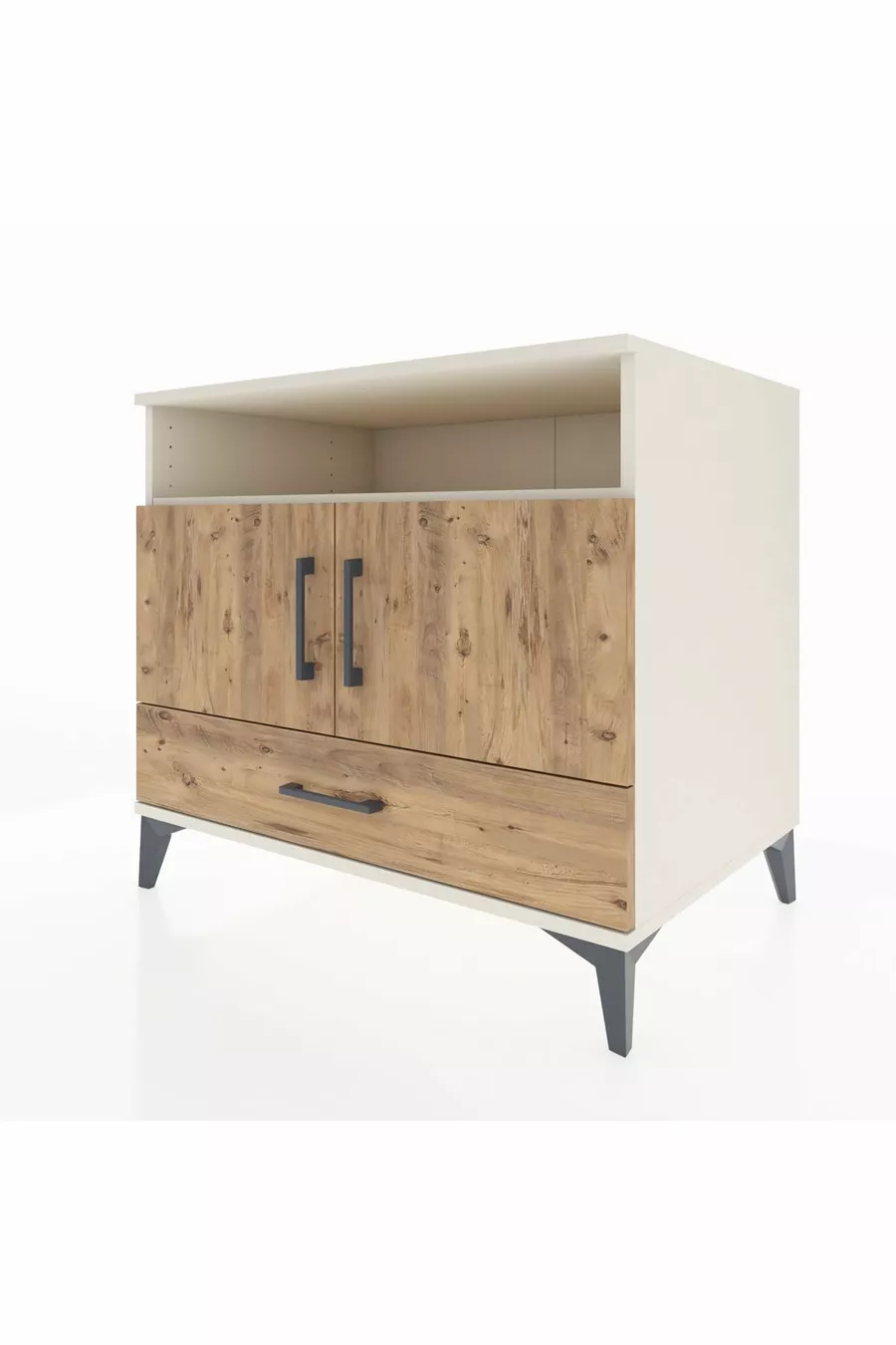 Commode Kronos avec 3 étagères, 1 tiroir et 2 portes, Pierre de Lune-Sapin