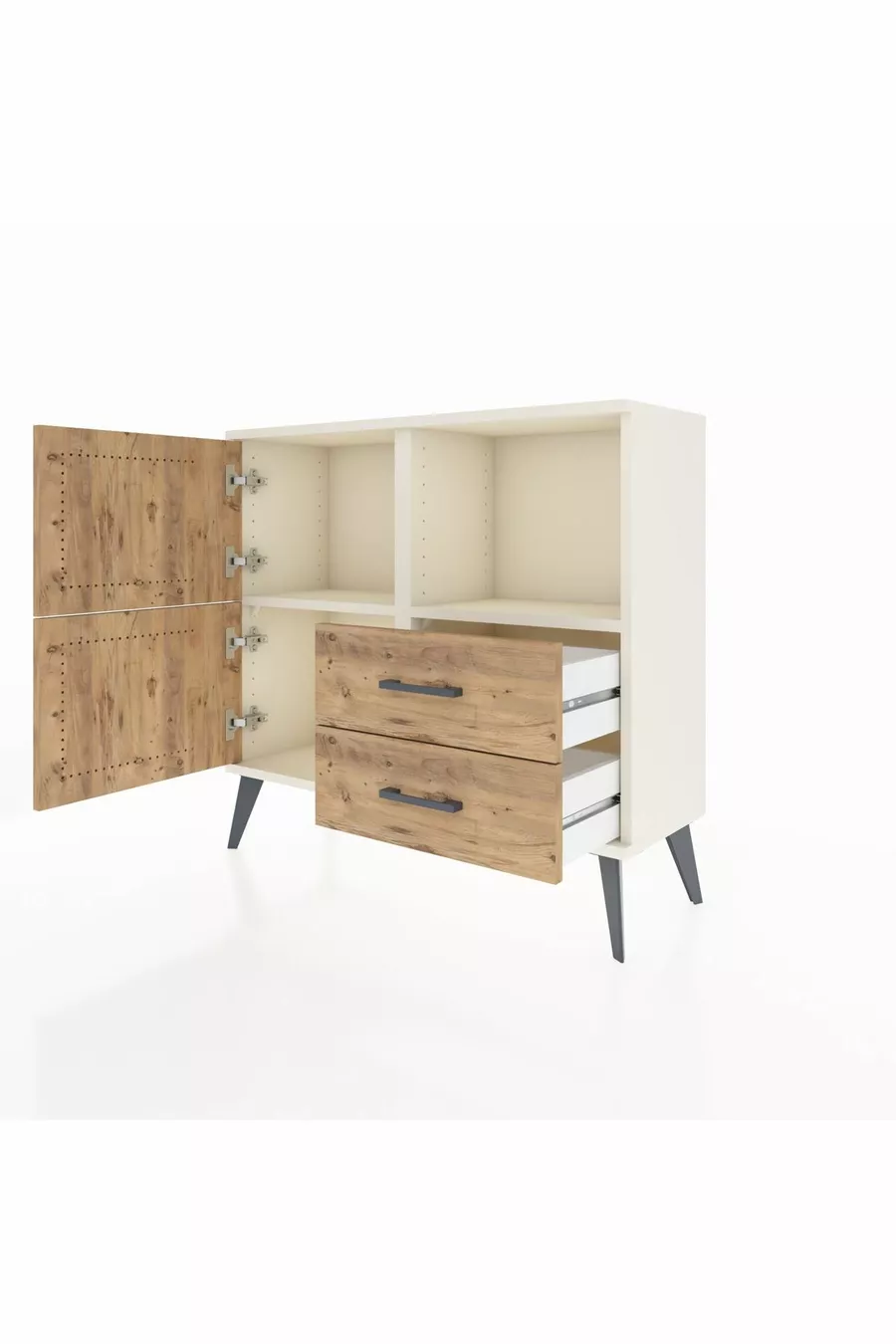 Commode Arges avec 2 étagères, 2 tiroirs et 2 portes, couleur Pierre de lune-Pin
