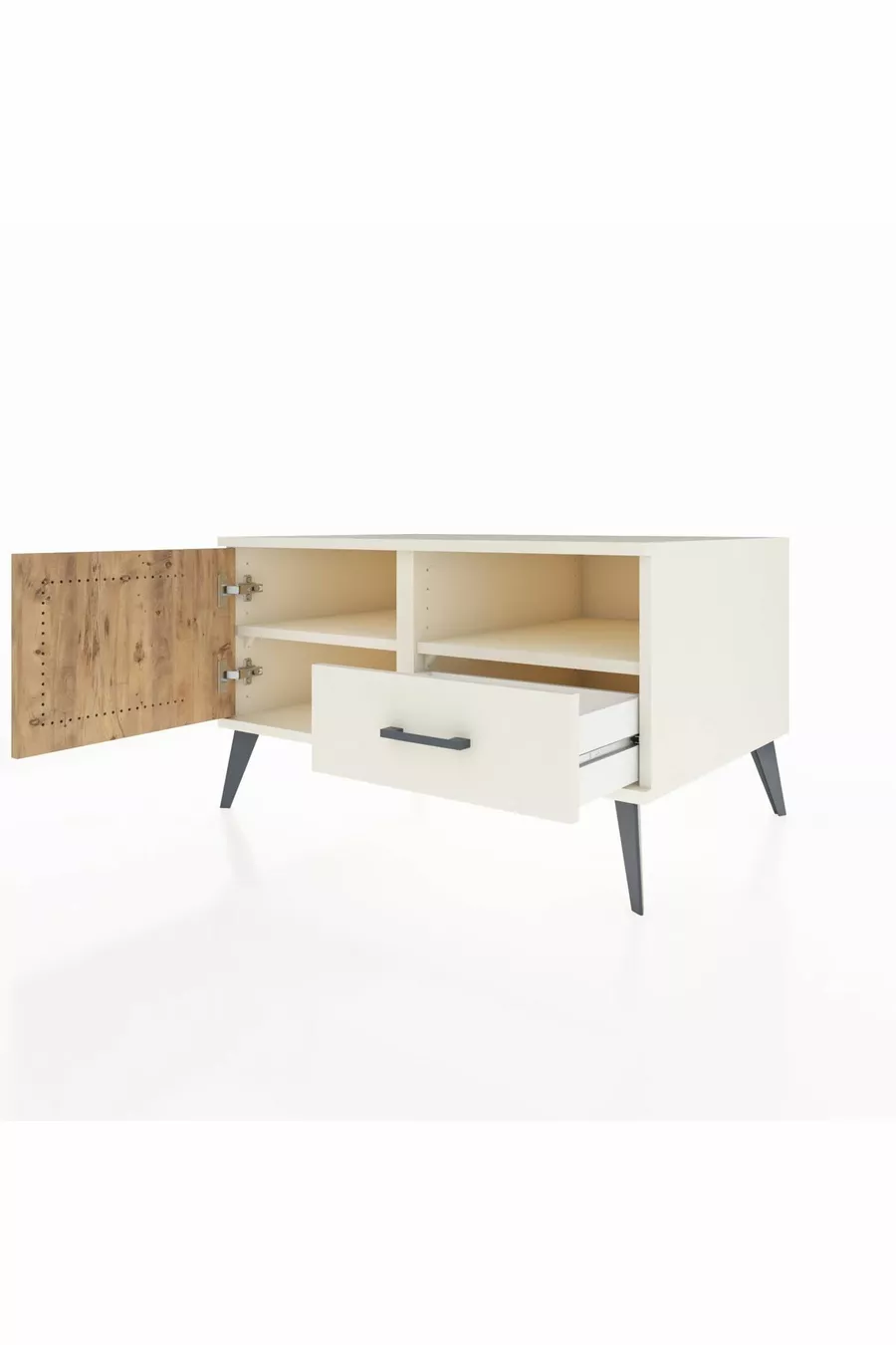Commode Kronos avec 2 étagères, 1 tiroir et 1 porte, couleur Pierre de lune/Pin
