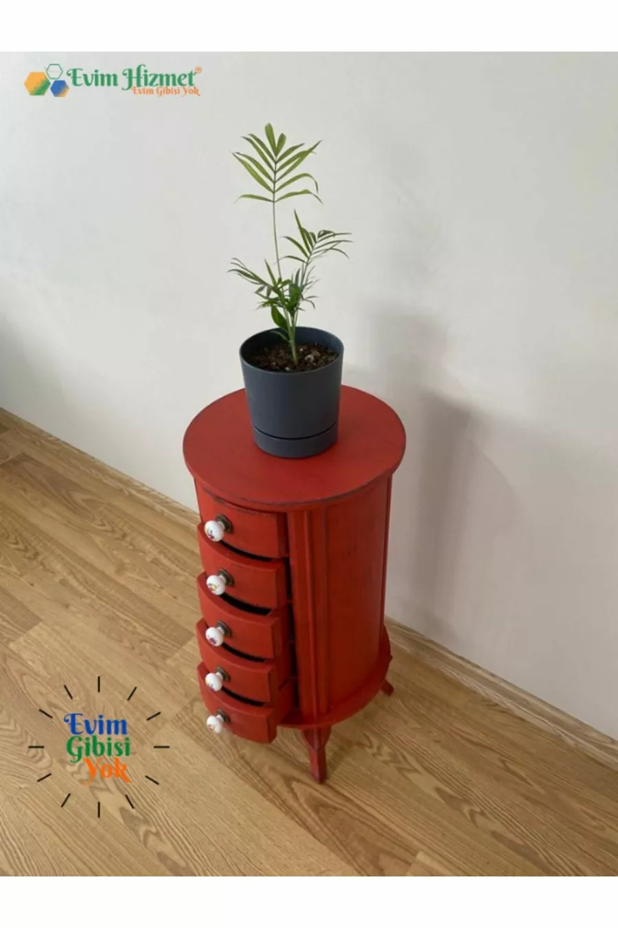 Table de chevet ronde à 5 tiroirs avec porte-plantes
