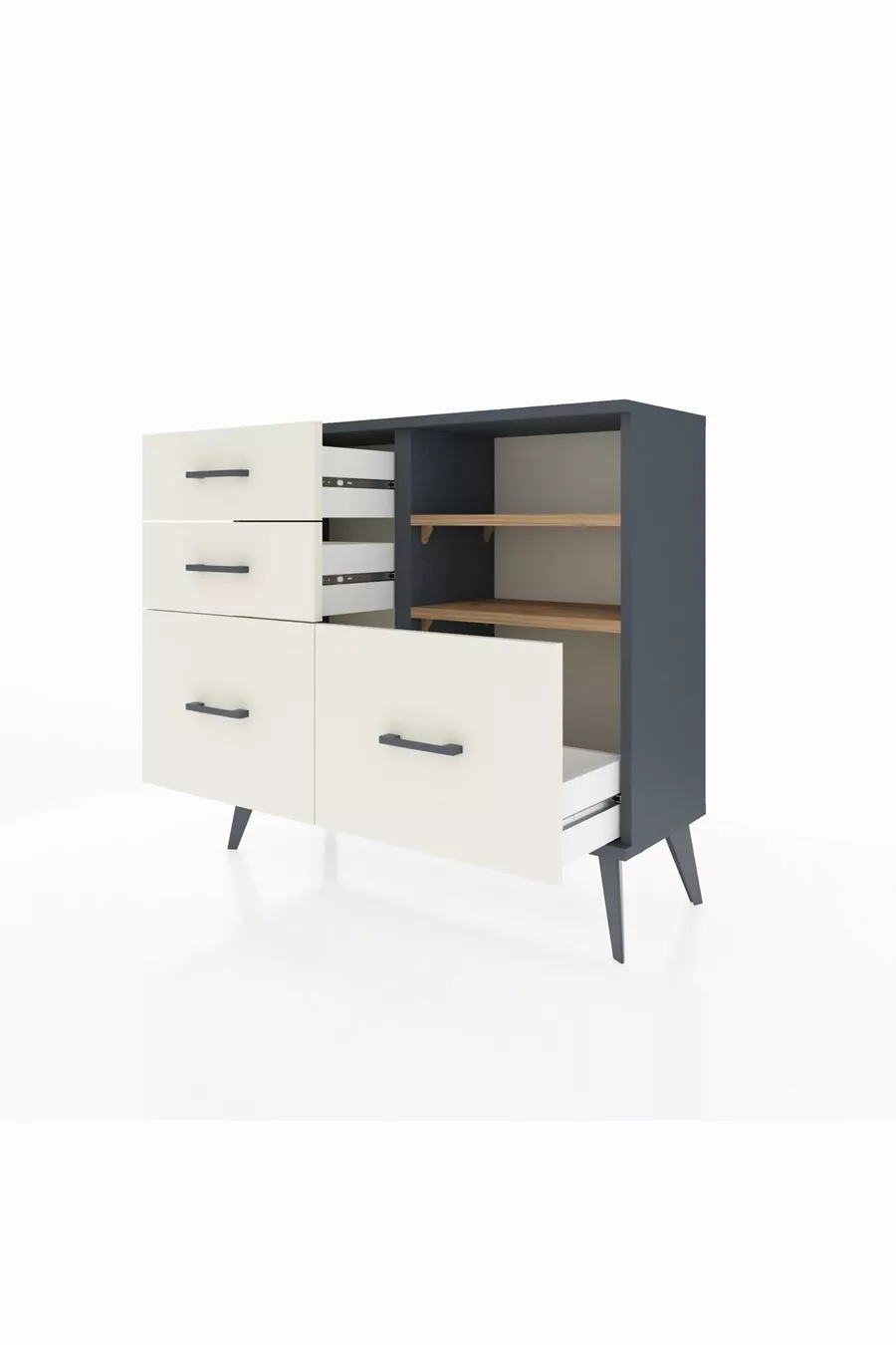 Commode Arges 2 étagères 4 tiroirs Anthracite-Pin/Pierre de Lune