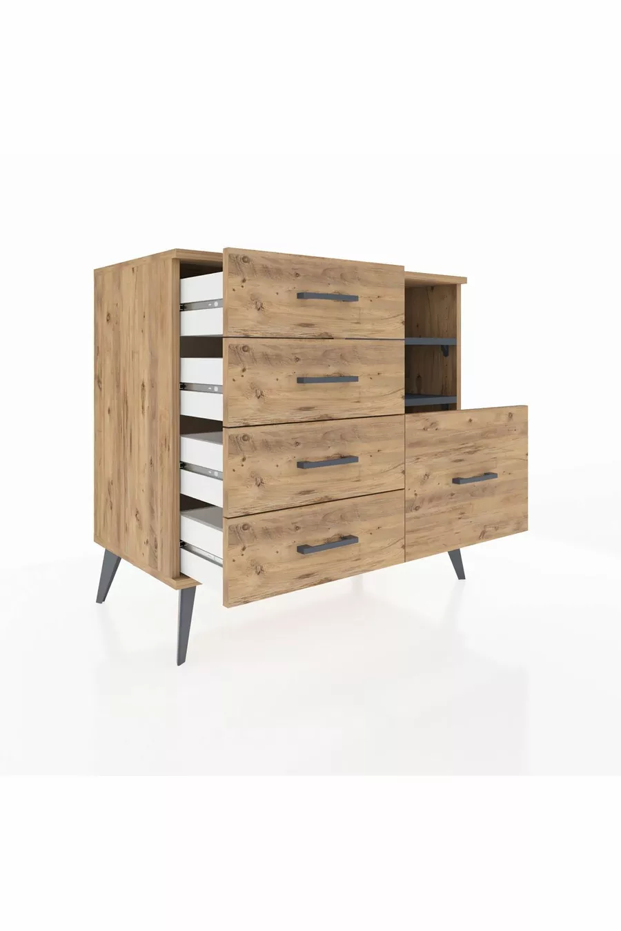 Commode Hyperion 2 étagères 5 tiroirs Pin-Anthracite/Pin