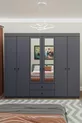 GM  ARMİNA Armoire 6 portes 2 tiroirs avec miroir, couleur noyer anthracite gris, poignées boutons