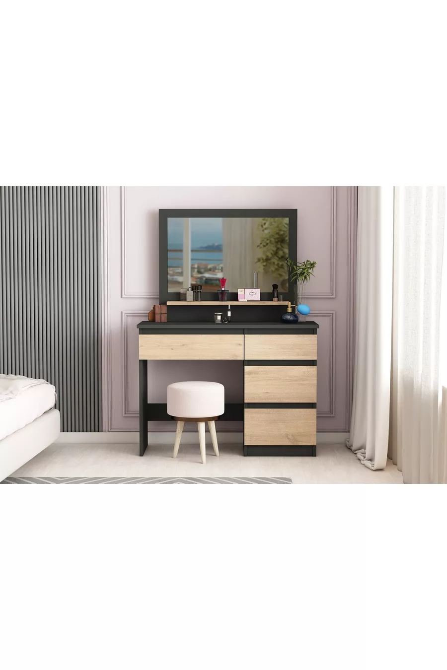 Coiffeuse Duru, 4 tiroirs, avec miroir, étagères, anthracite - Pin Atlantique