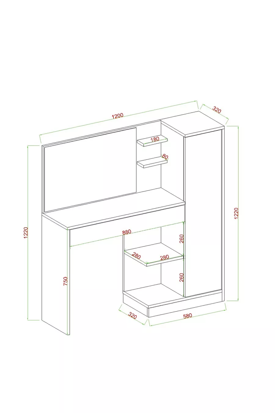 Coiffeuse Orchidée, 1 tiroir, avec armoire et miroir