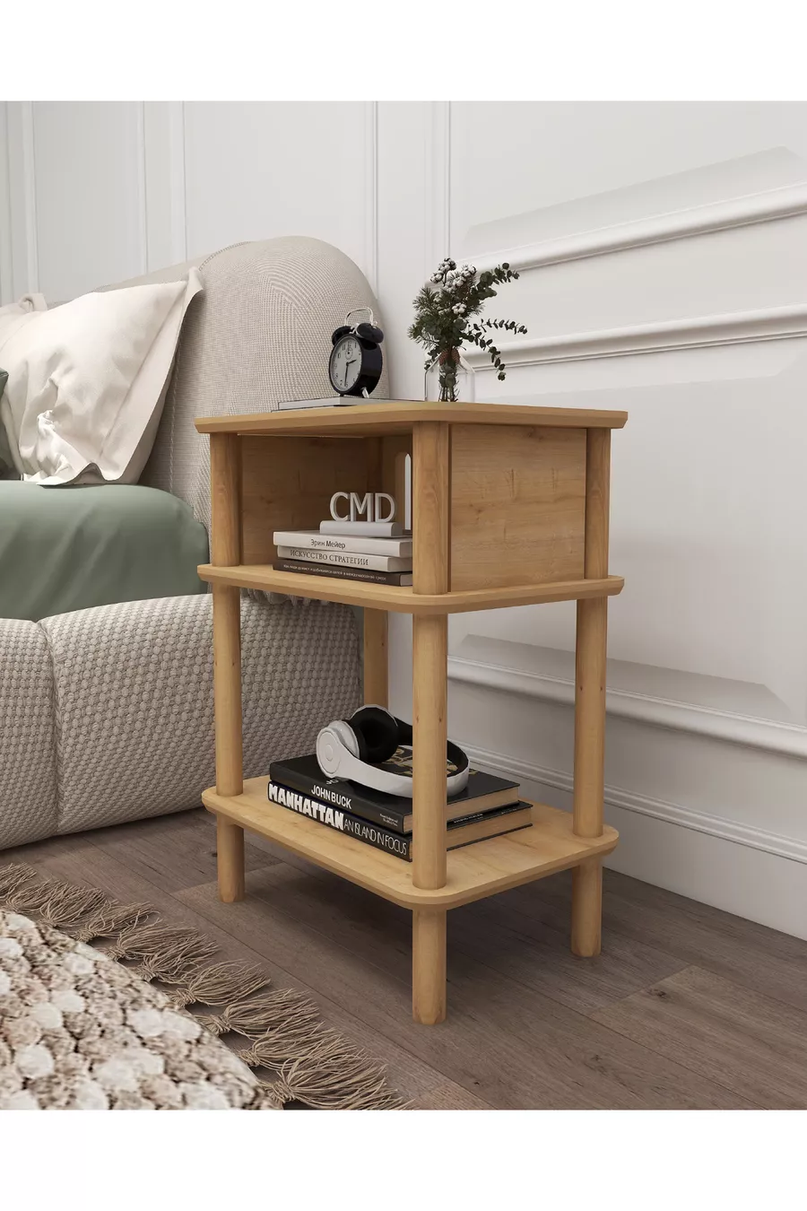 Commode Linde Minimaliste en MDF avec lames et pieds en bois ; Chambre - Salon - Bureau