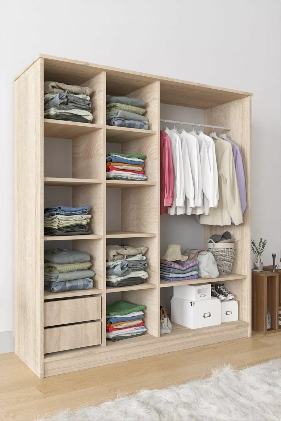 Armoire coulissante  Zambak avec étagères multiples, tiroirs et penderie, gris anthracite