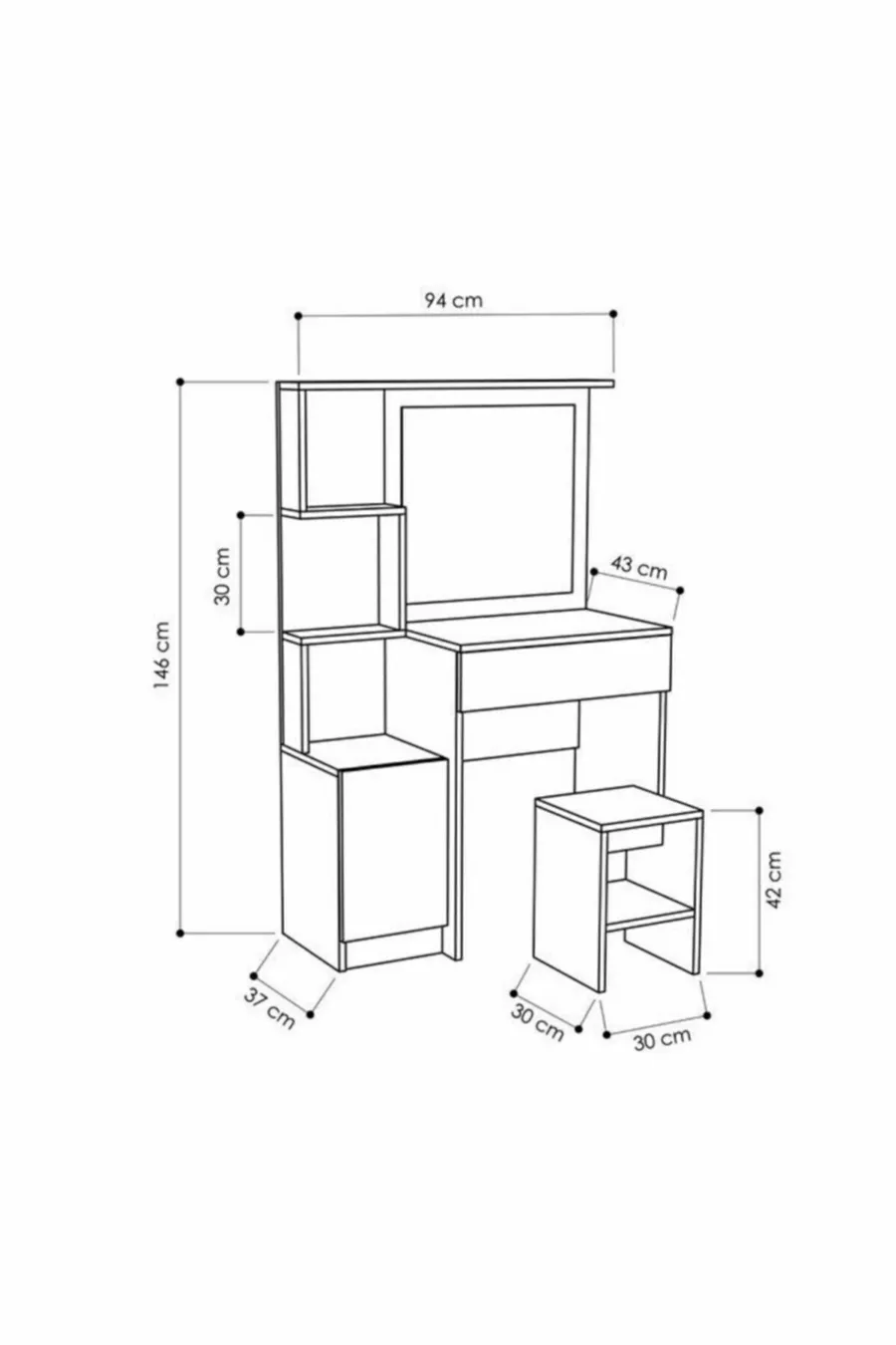 Coiffeuse Novella avec miroir en tissu, avec armoire, tiroirs, étagères, blanche, avec coussin