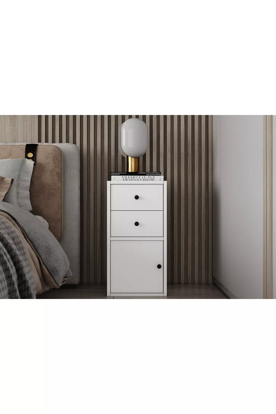 Table de chevet moderne blanche Eva à deux tiroirs et une porte