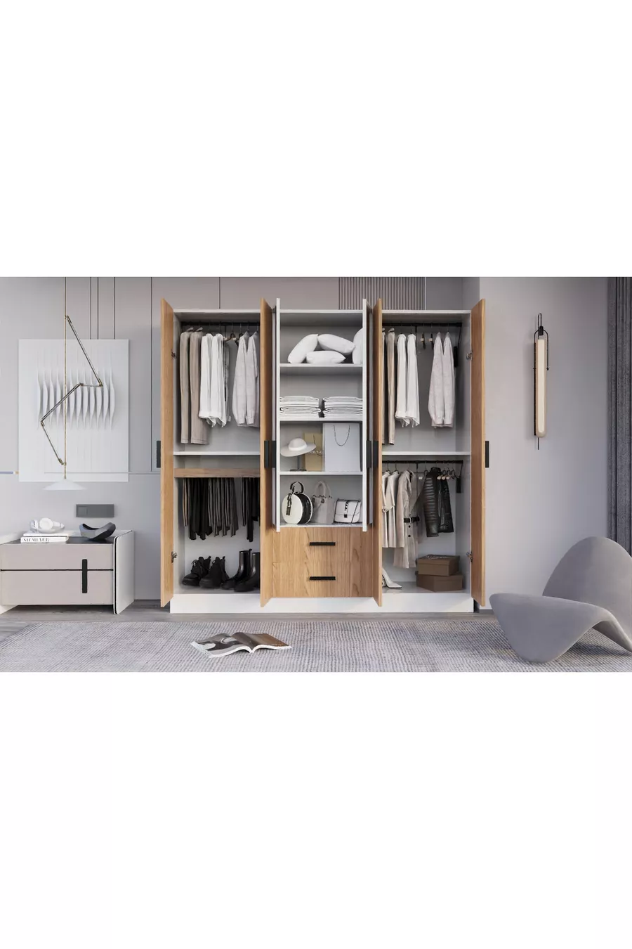 Valeria Armoire 6 Portes 2 Tiroirs Grande Armoire & Armoire à Miroir Pin Atlantique & Blanc