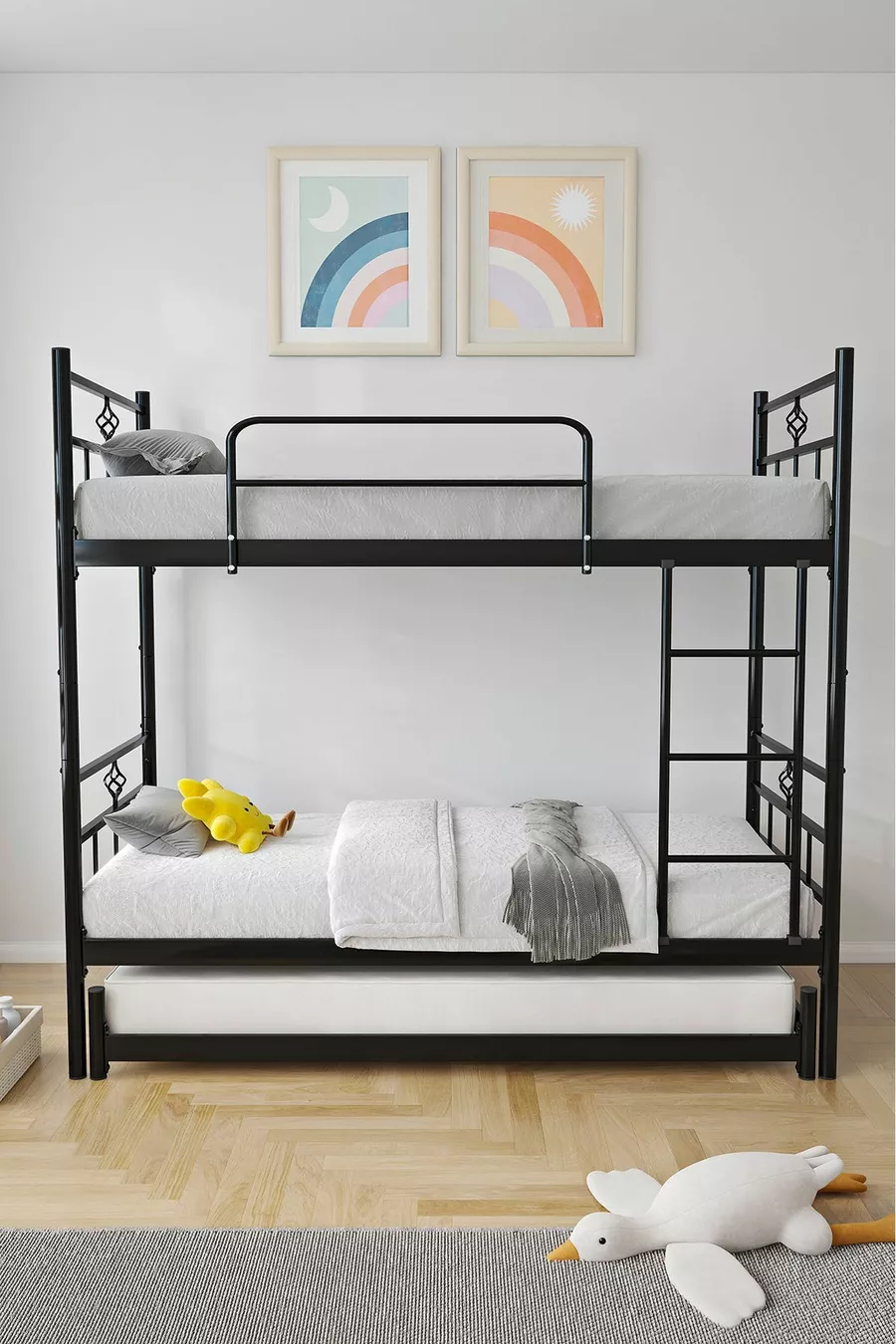 Lit superposé Koza avec tiroir, compatible pour 3 personnes, lit en métal noir