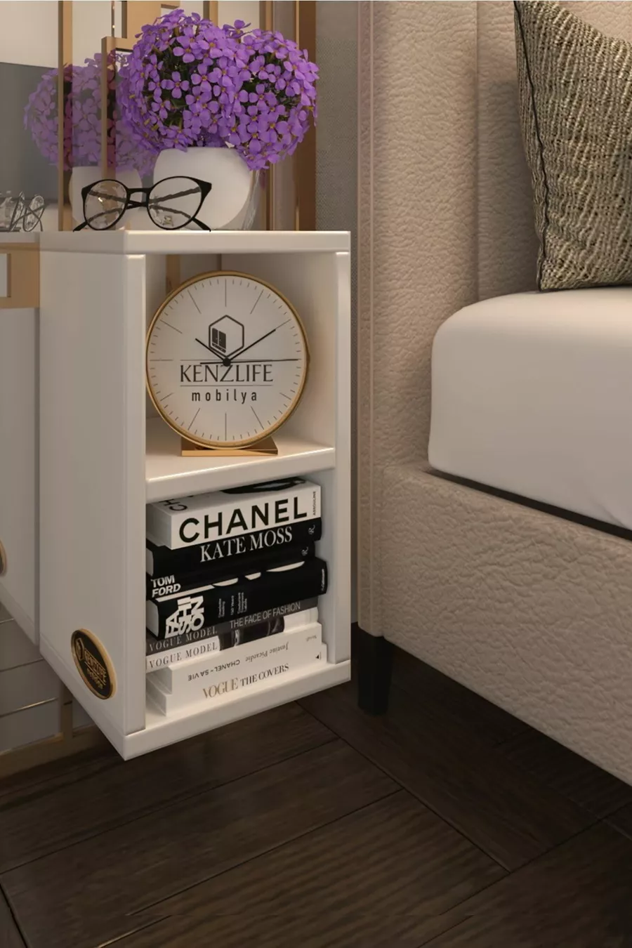 Chevet Lothario blanc mat avec support de fixation murale en aggloméré