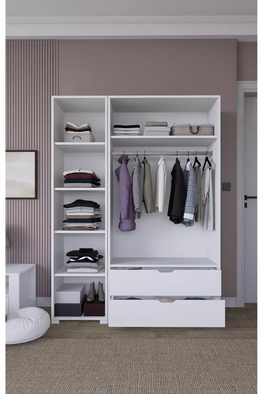 Armoire à vêtements Duru Mat Blanc à 3 portes et 2 tiroirs - Ensemble de garde-robe