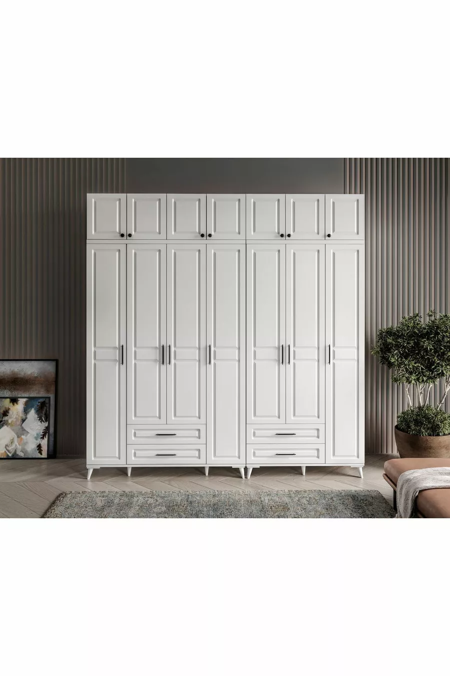 Armoire blanche complète en MDF avec 7 portes et penderie Gözde, montage gratuit