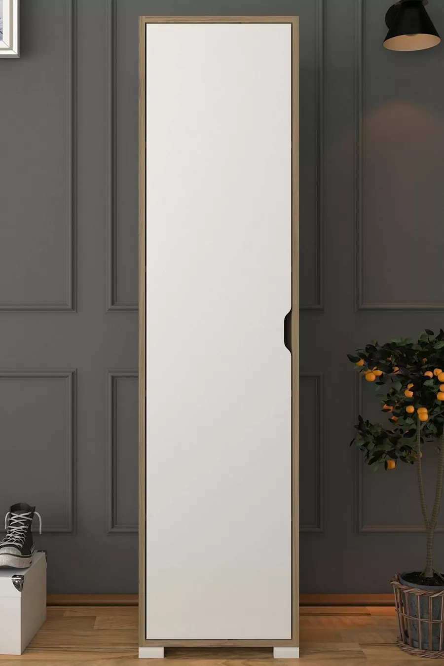 Placard de salle de bain et de vêtements à une porte Nisan  cm en noyer clair et blanc avec 5 étagères - Armoire