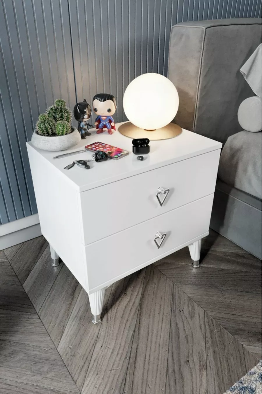 Table de chevet simple à 2 tiroirs Blanc Argent