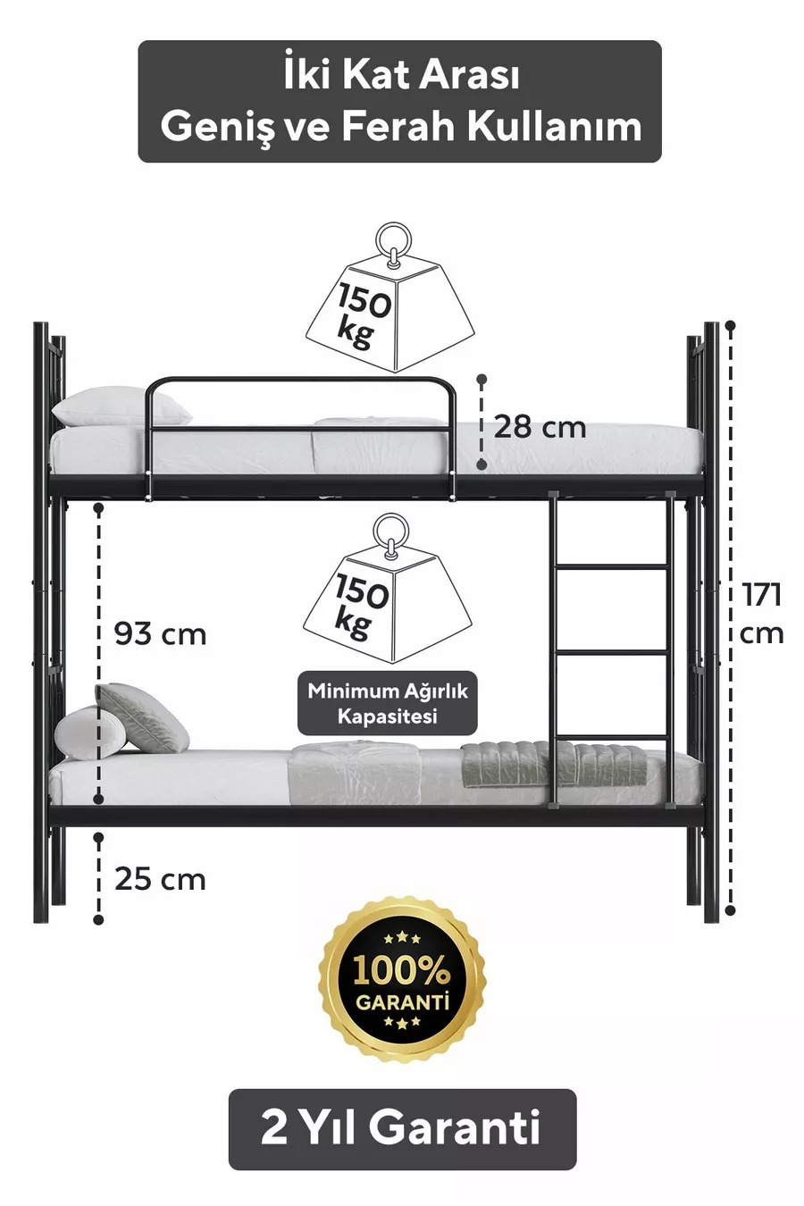 Lits superposés Tekno compatibles avec matelas, métal noir détachable