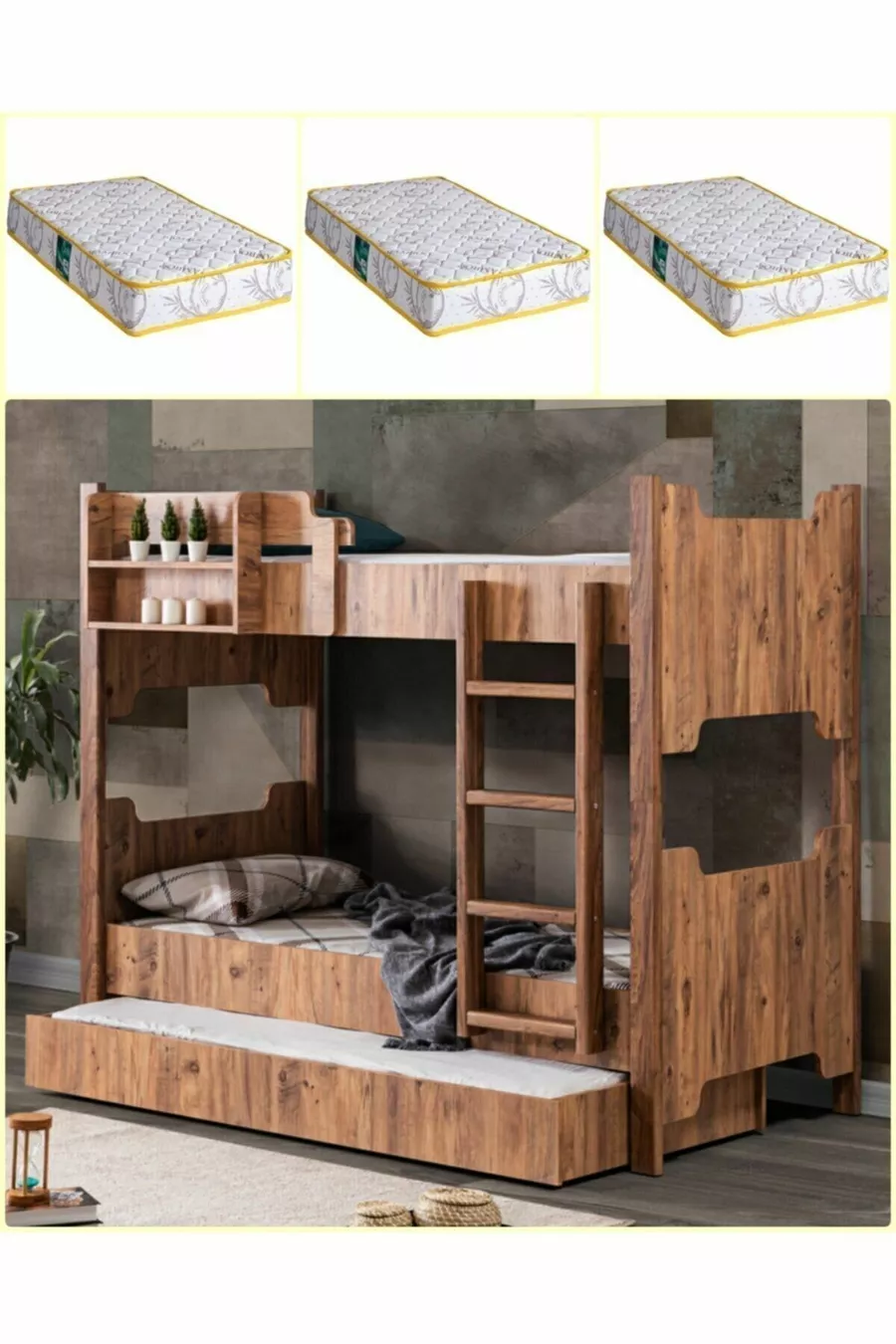 Lits superposés en profil MDF, lit superposé modulable Eurasia avec 3 matelas confort