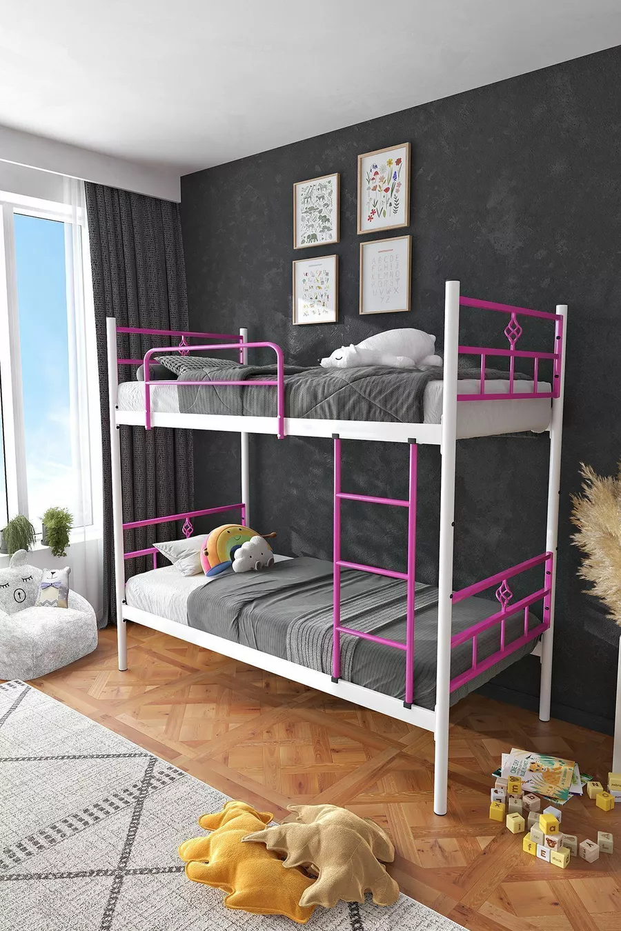 Lit superposé Koza Ranza compatible avec matelas, rose foncé, métal détachable