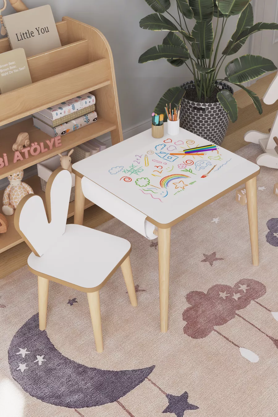 Table d'activité de jeu pour enfants Cm - Ensemble de rouleaux de papier - Table de travail avec chaise Montessori