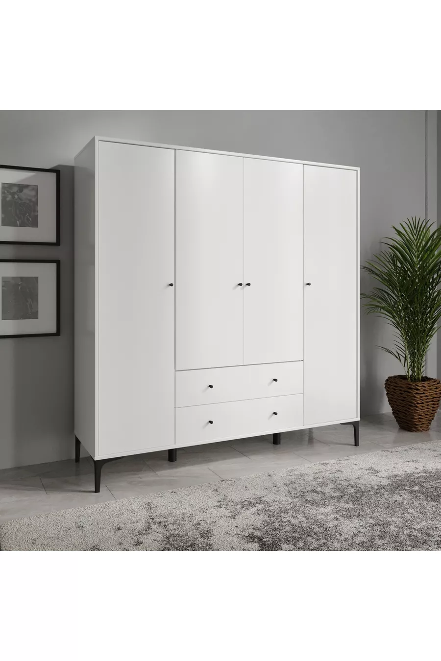 Armoire Focus 4 Portes Blanche (% MDF) - 4 Portes, 2 Tiroirs, Armoire sur Pieds