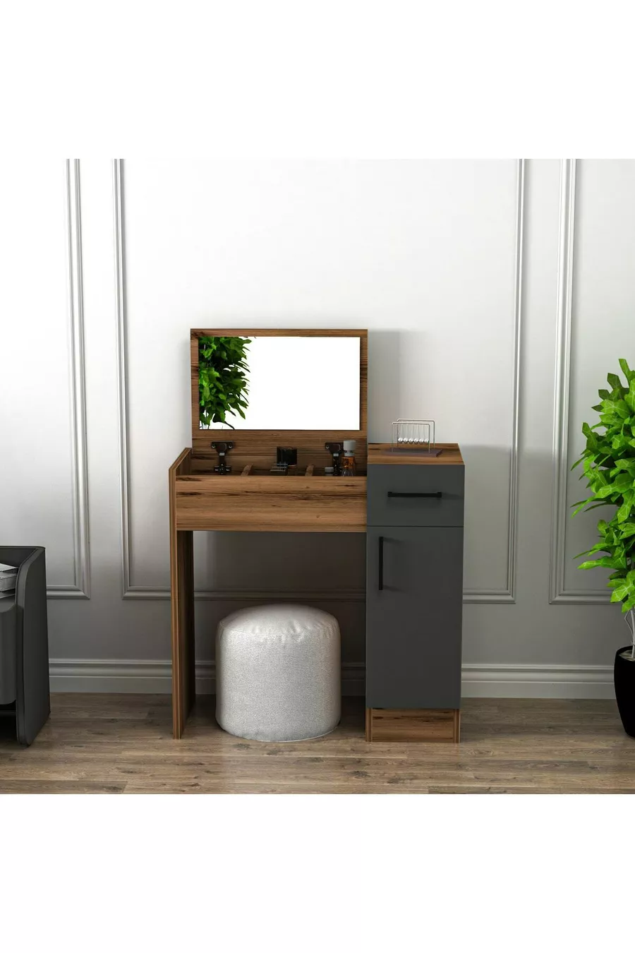 Coiffeuse avec miroir et armoire, couleur noyer et anthracite - Inci, disponible en 4 couleurs différentes