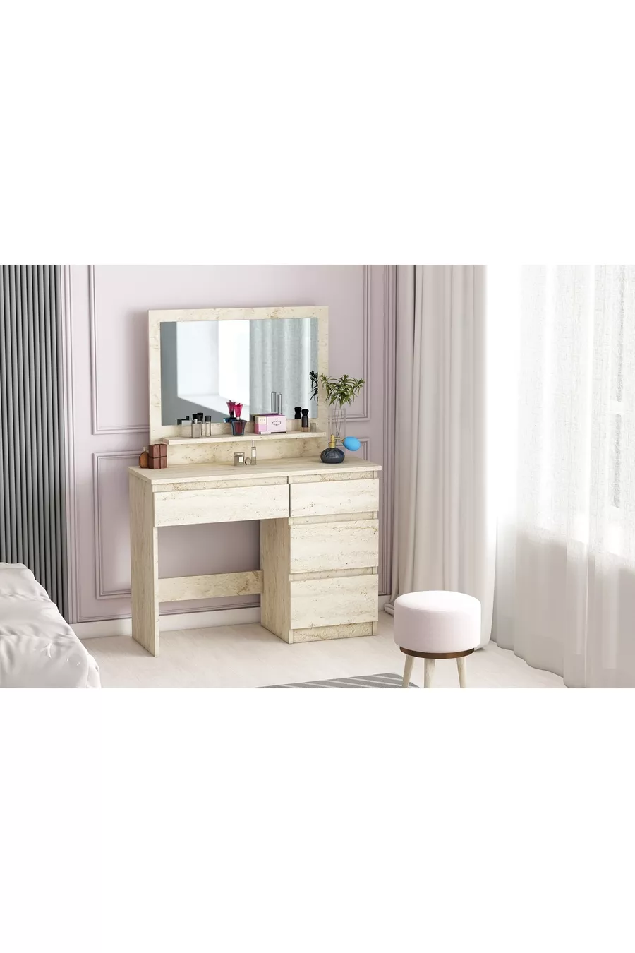 Coiffeuse Duru, 4 tiroirs, avec miroir et étagère, en travertin