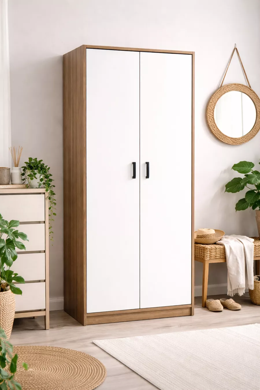 Armoire à vêtements avec 2 portes, étagères et penderie, pin Atlantique-Pierre de lune