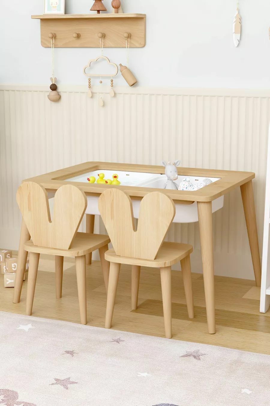Table d'activités en bois résistante à l'eau avec 2 chaises en bois