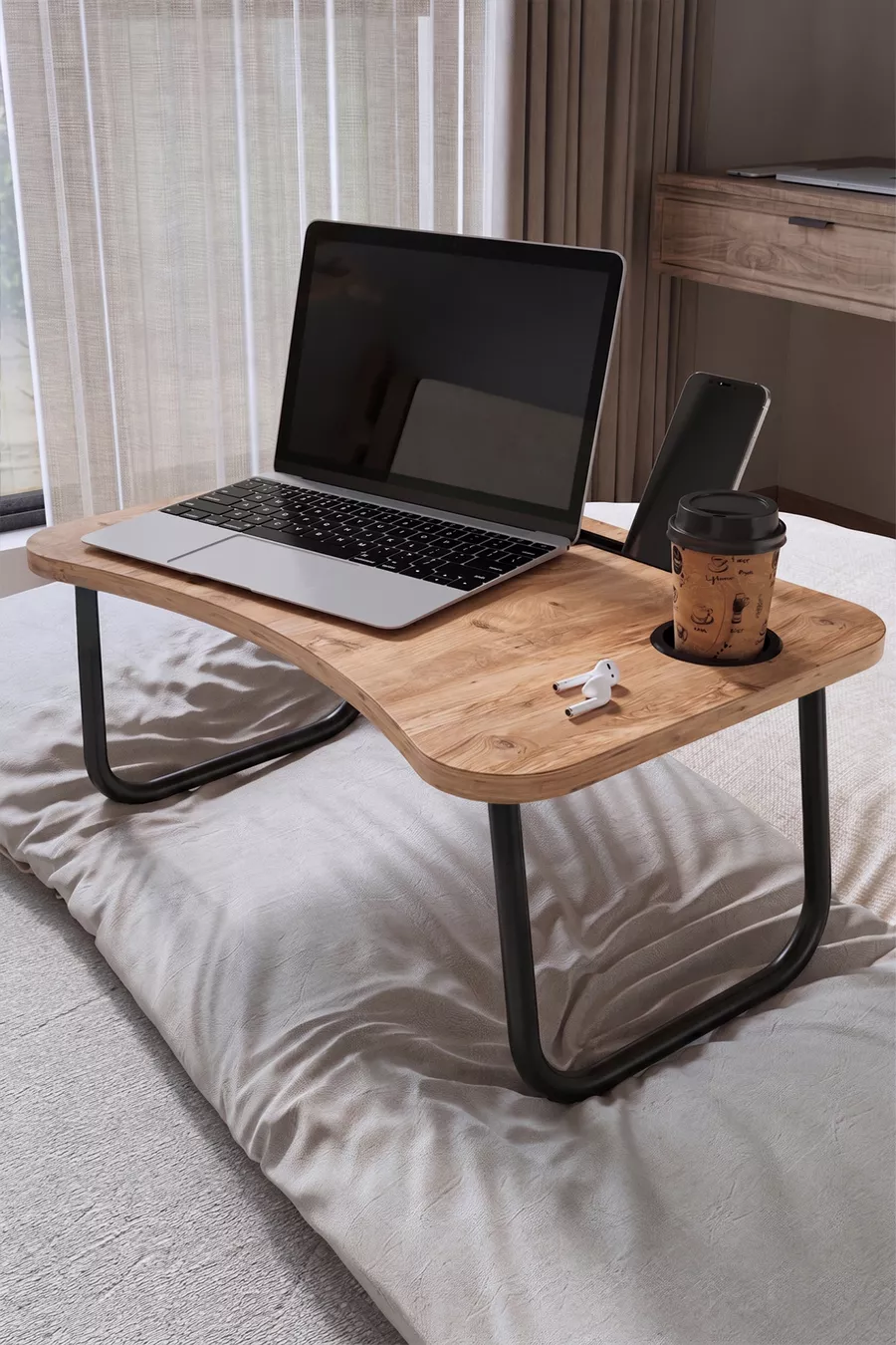 Table pliante portable pour ordinateur portable avec support pour tablette et téléphone, en pin