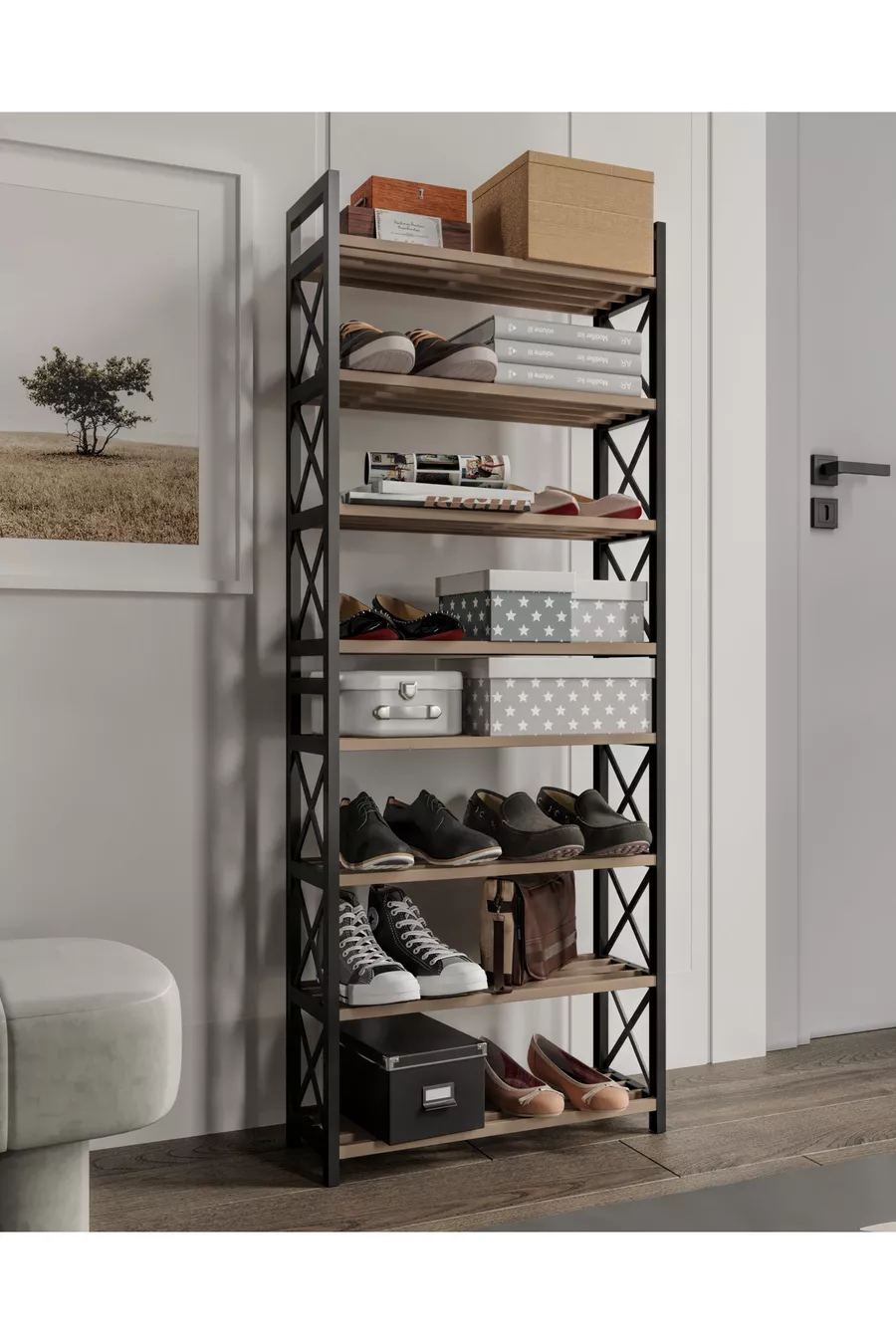 ORGANISEUR DÉCORATIF ÉTAGÈRE À CHAUSSURES MASSIF EN BOIS ET PLASTIQUE 8 NIVEAUX