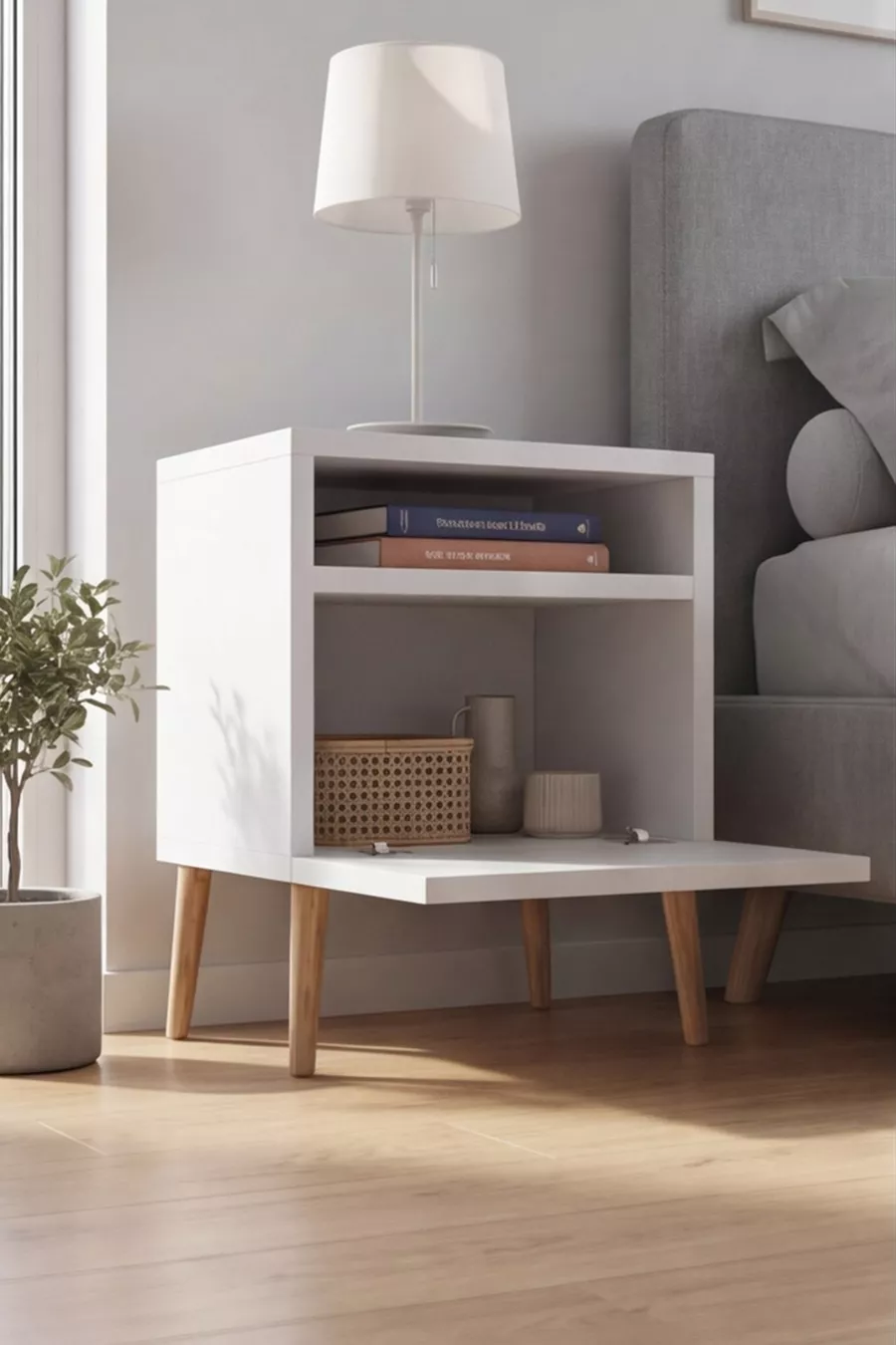 Commode moderne blanche avec pieds en bois, commode de chambre à coucher, commode pour chambre de bébé, commode pour chambre d'adolescent, commode avec étagères, table de chevet, commode moderne scandinave