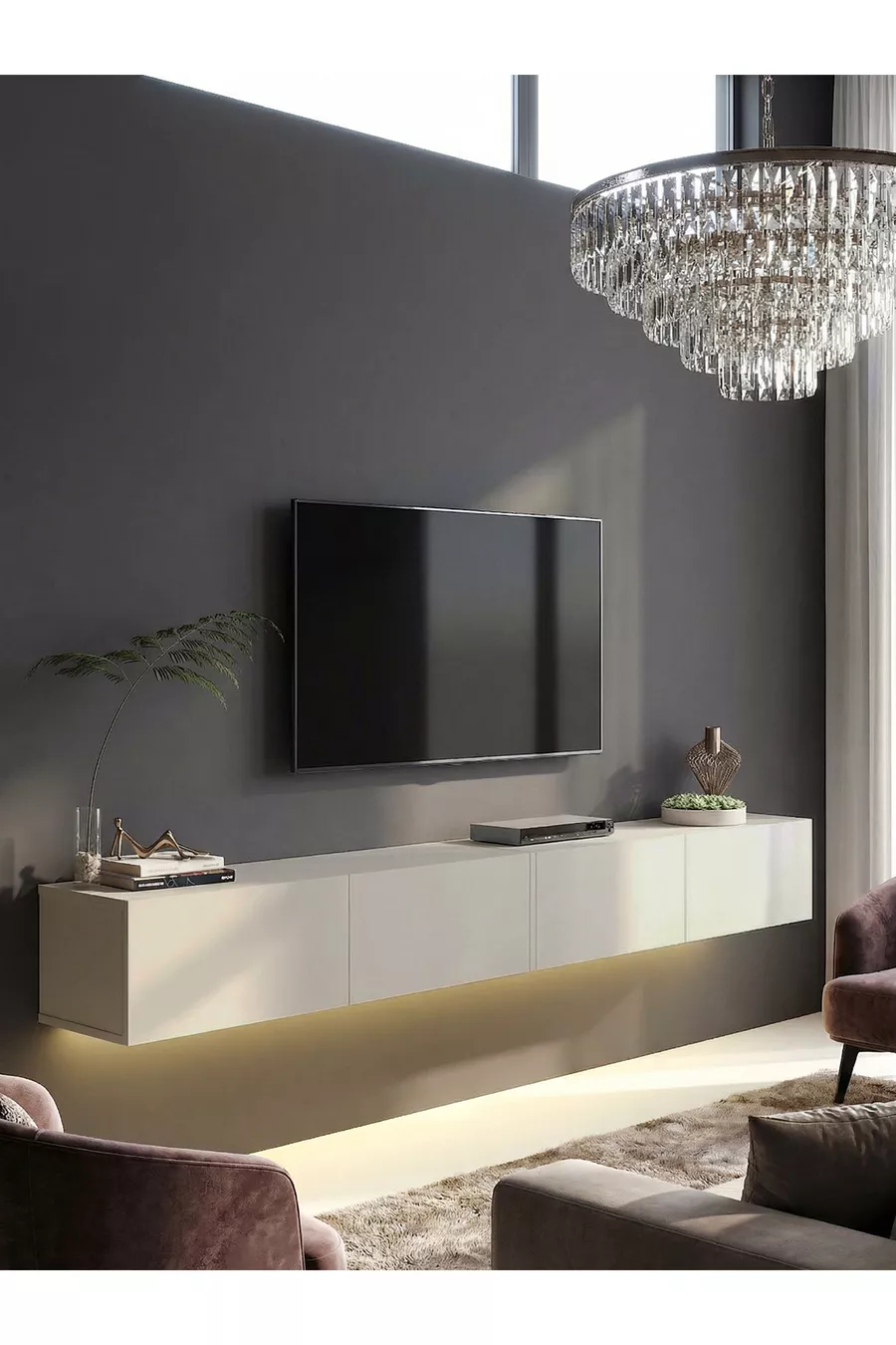 Meuble TV avec LED & Unité, Unité TV Murale Sable  cm | Homeros