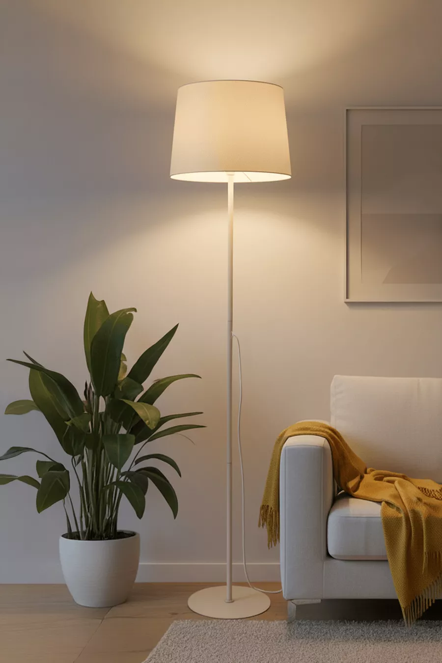 Lampadaire en tissu métallique crème à une seule jambe Cora pour salon, séjour et chambre à coucher