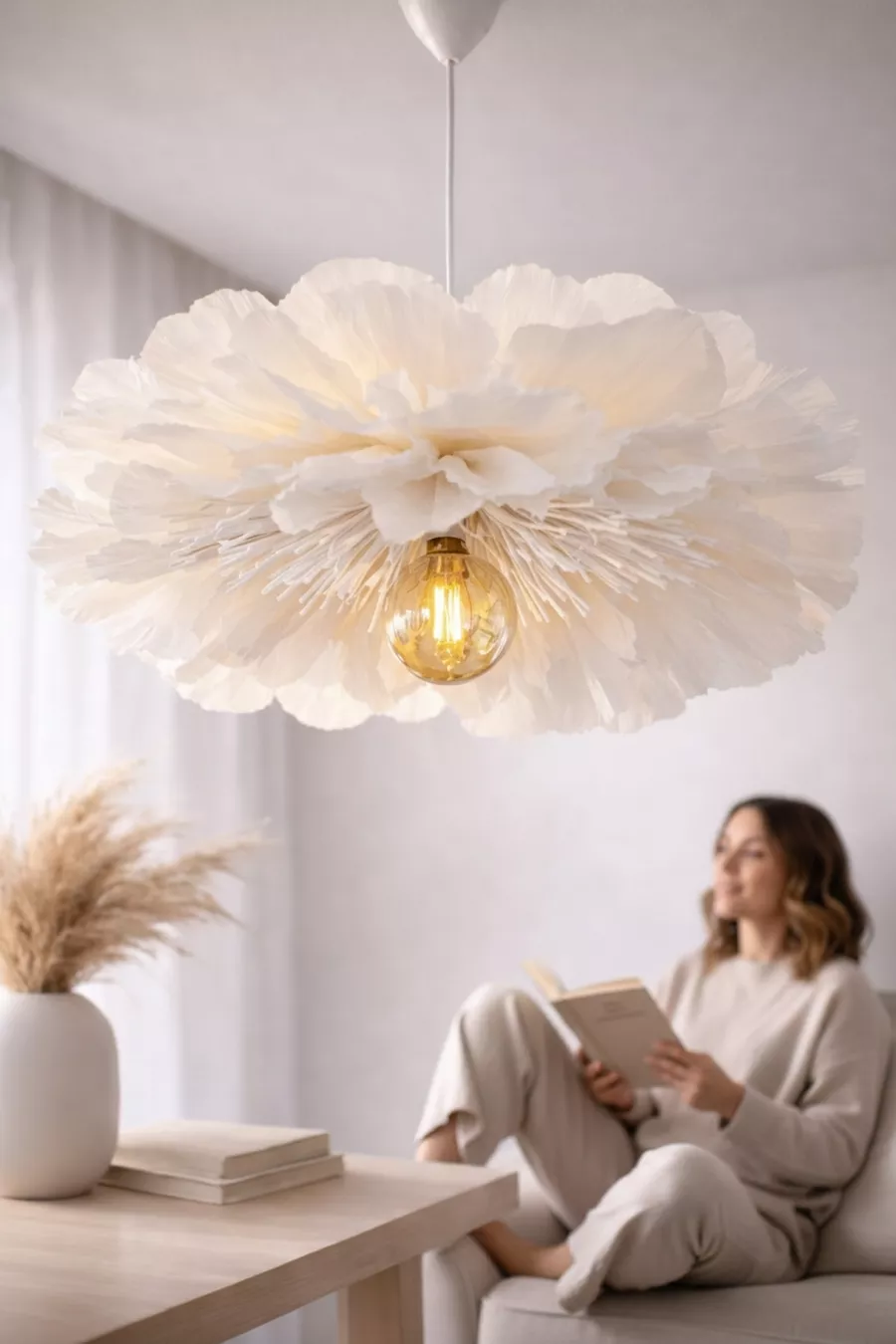 Lumi Bloom Abat-jour de fleurs fait main en papier crêpon italien blanc, éclairage pour salon et chambre