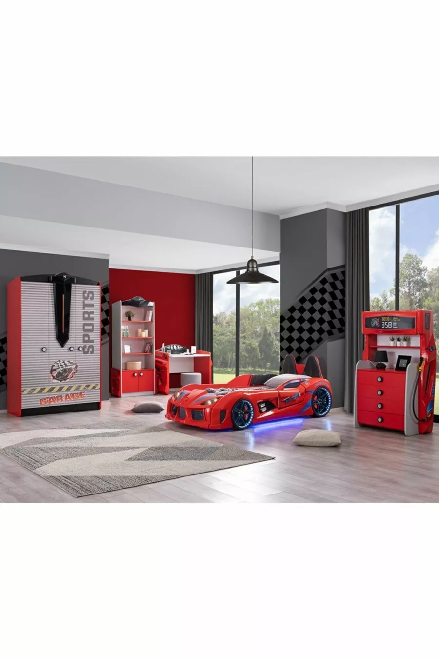 Chambre d'enfant - Lit voiture avec siège Audi - Armoire 3 portes, Bureau, Commode, Bibliothèque - Rouge