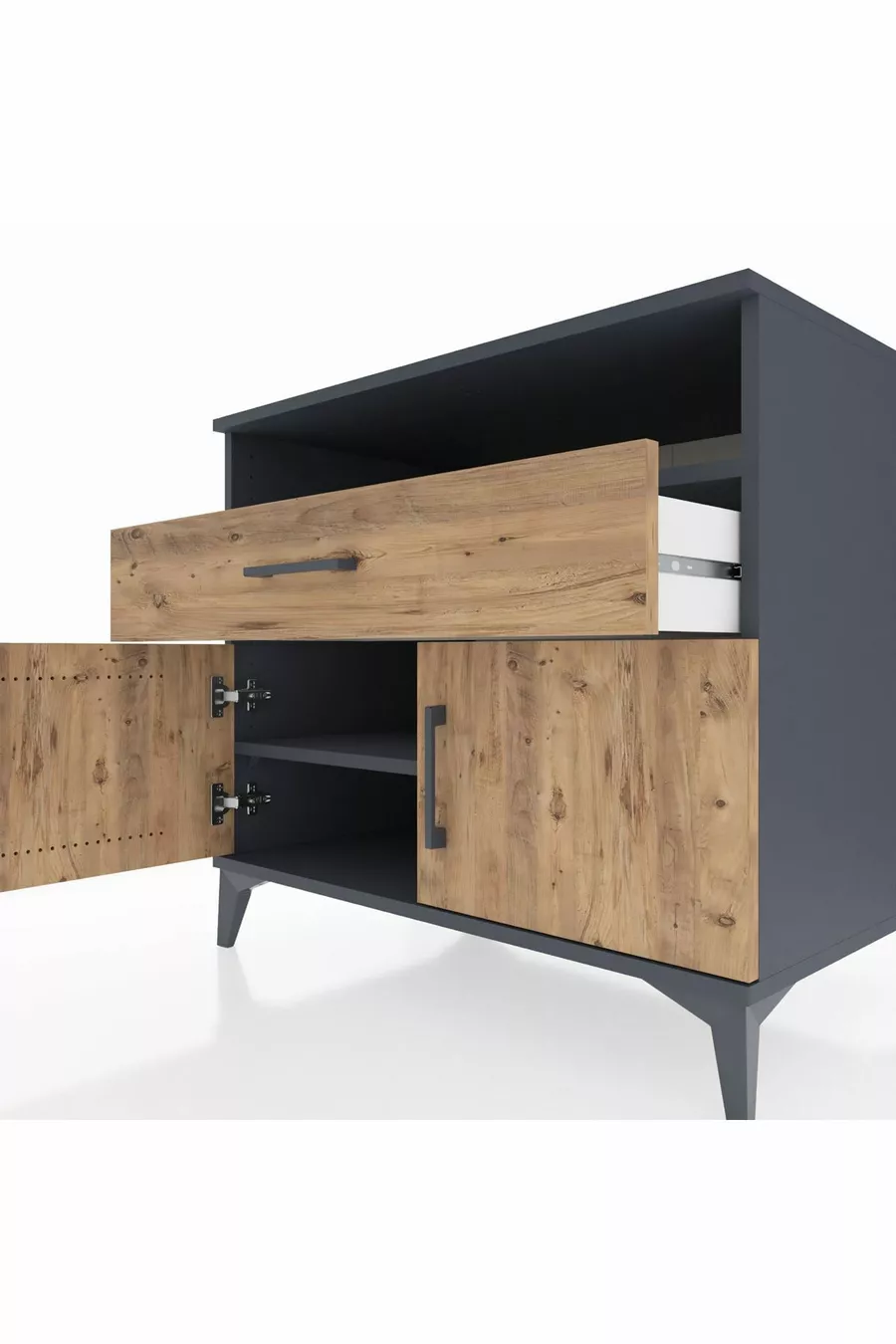 Commode Kronos avec 2 étagères, 1 tiroir et 2 portes, Anthracite-Sapin