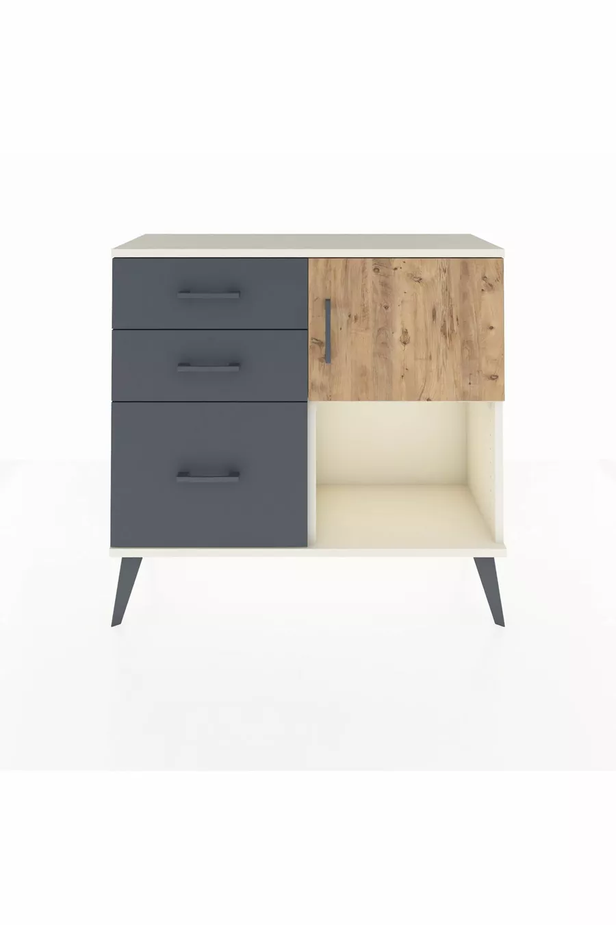 Commode Arges à une étagère, 3 tiroirs et une porte, Pierre de Lune-Pin/Anthracite