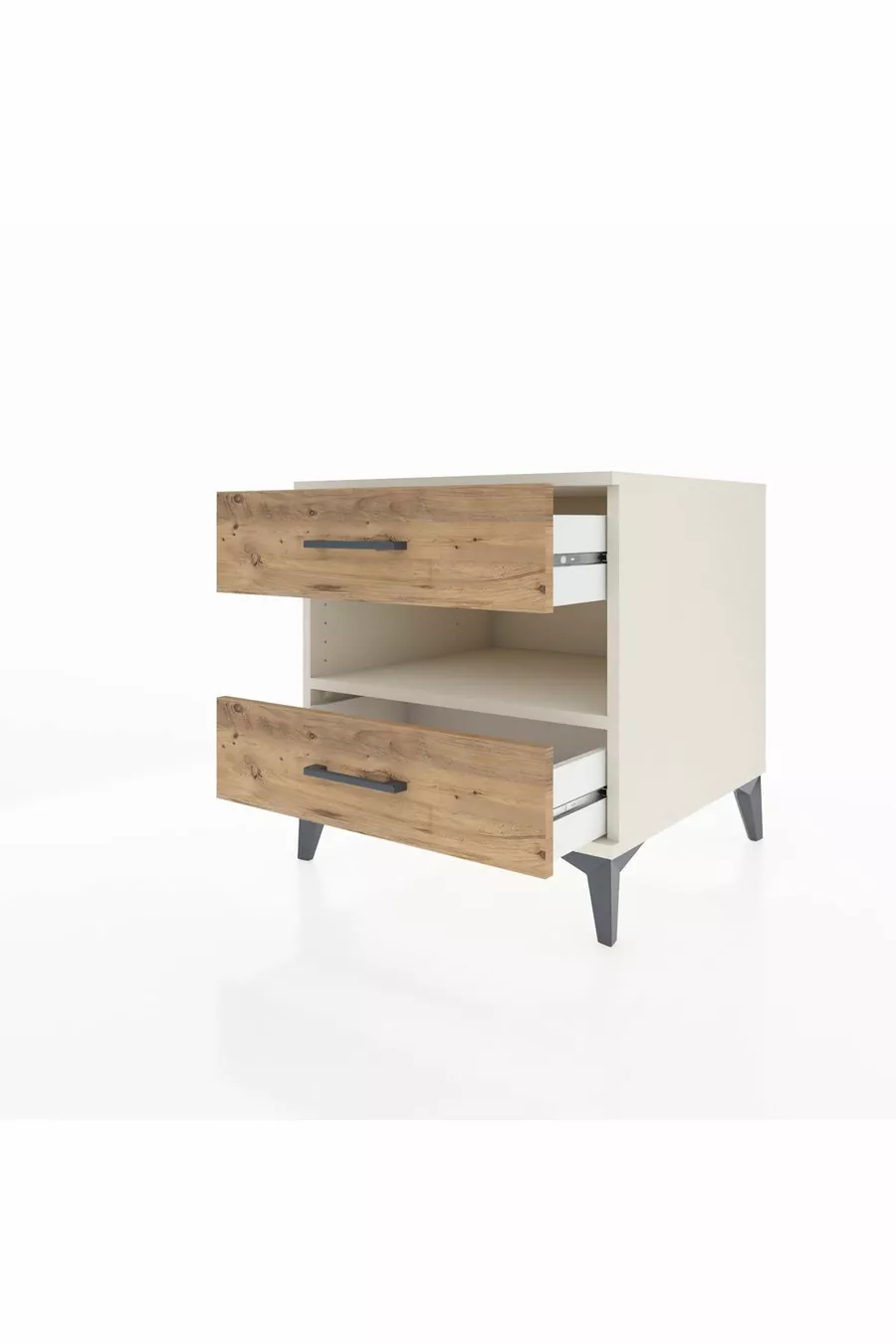 Table de chevet Kronos avec une étagère et 2 tiroirs, Aïtos-Pin