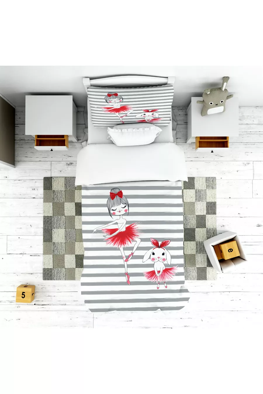 Ensemble Chambre Fille Ballerine à Rayures Grises (Rideau - Couverture de Lit et Coussin - Tapis)