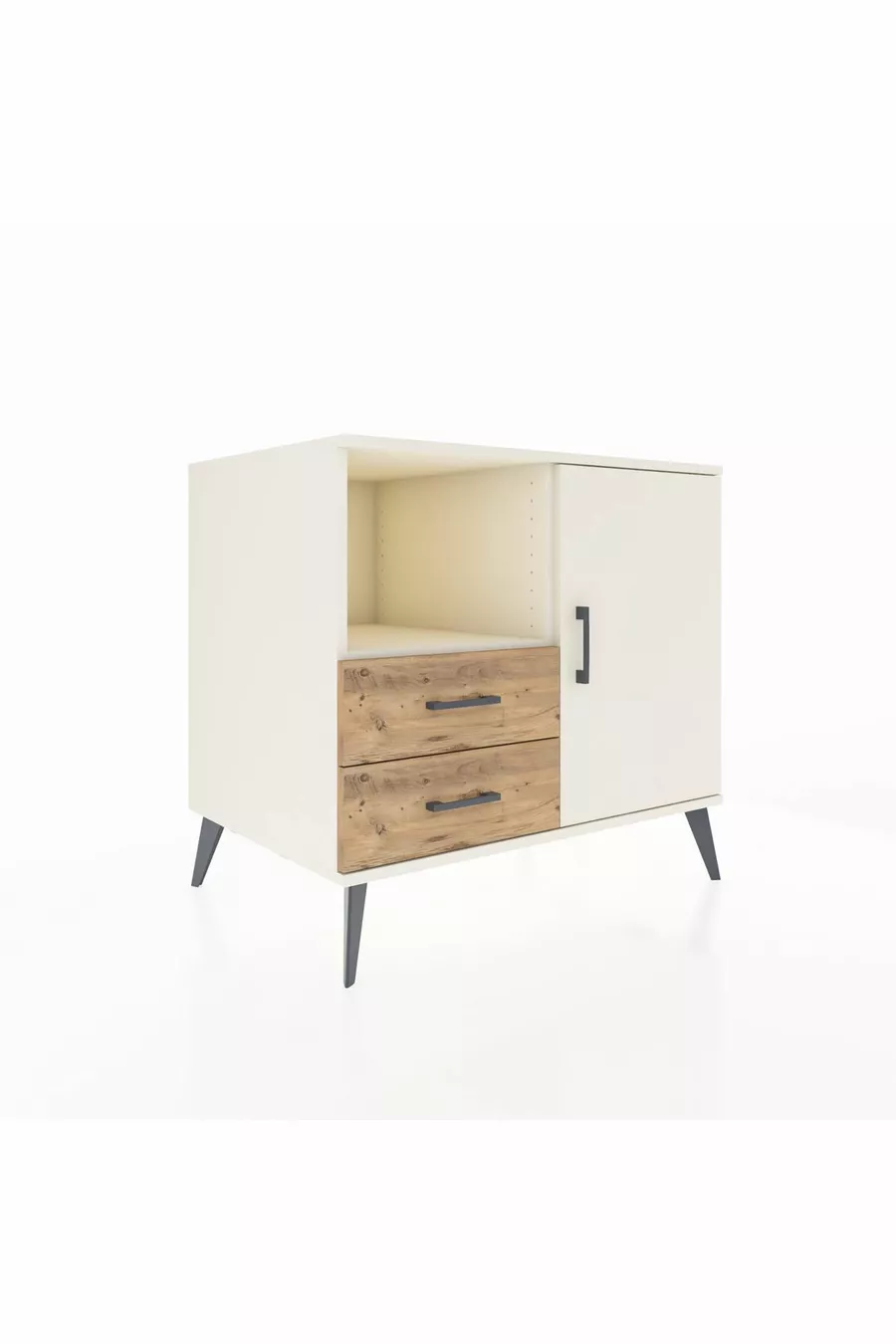 Commode Kronos avec 2 étagères, 2 tiroirs et 1 porte, Pierre de lune/Pierre de lune/Pin