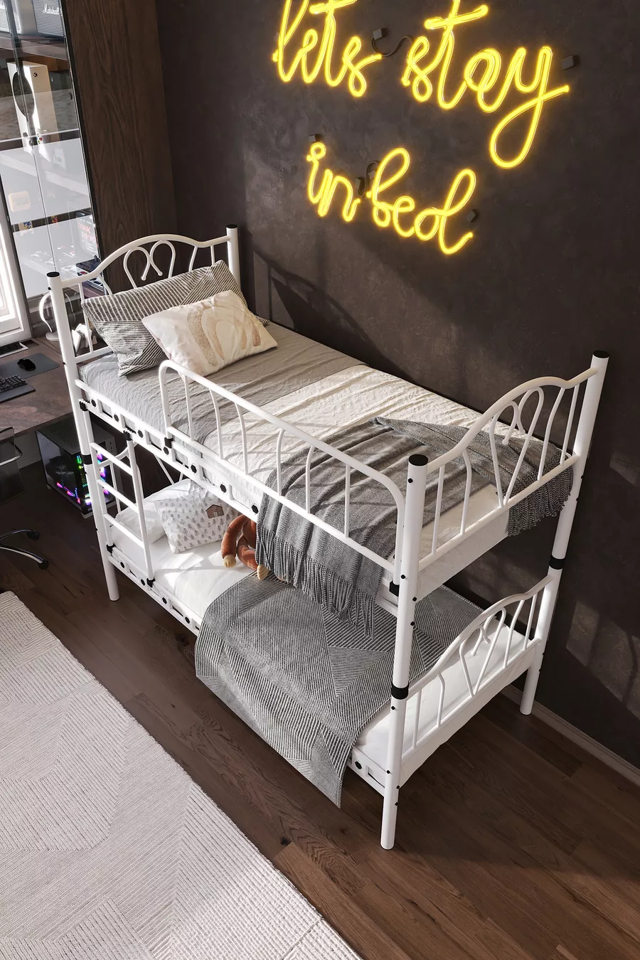 Lit Superposé et Lit Simple en Métal pour Chambre d'Enfant Orkide Blanc