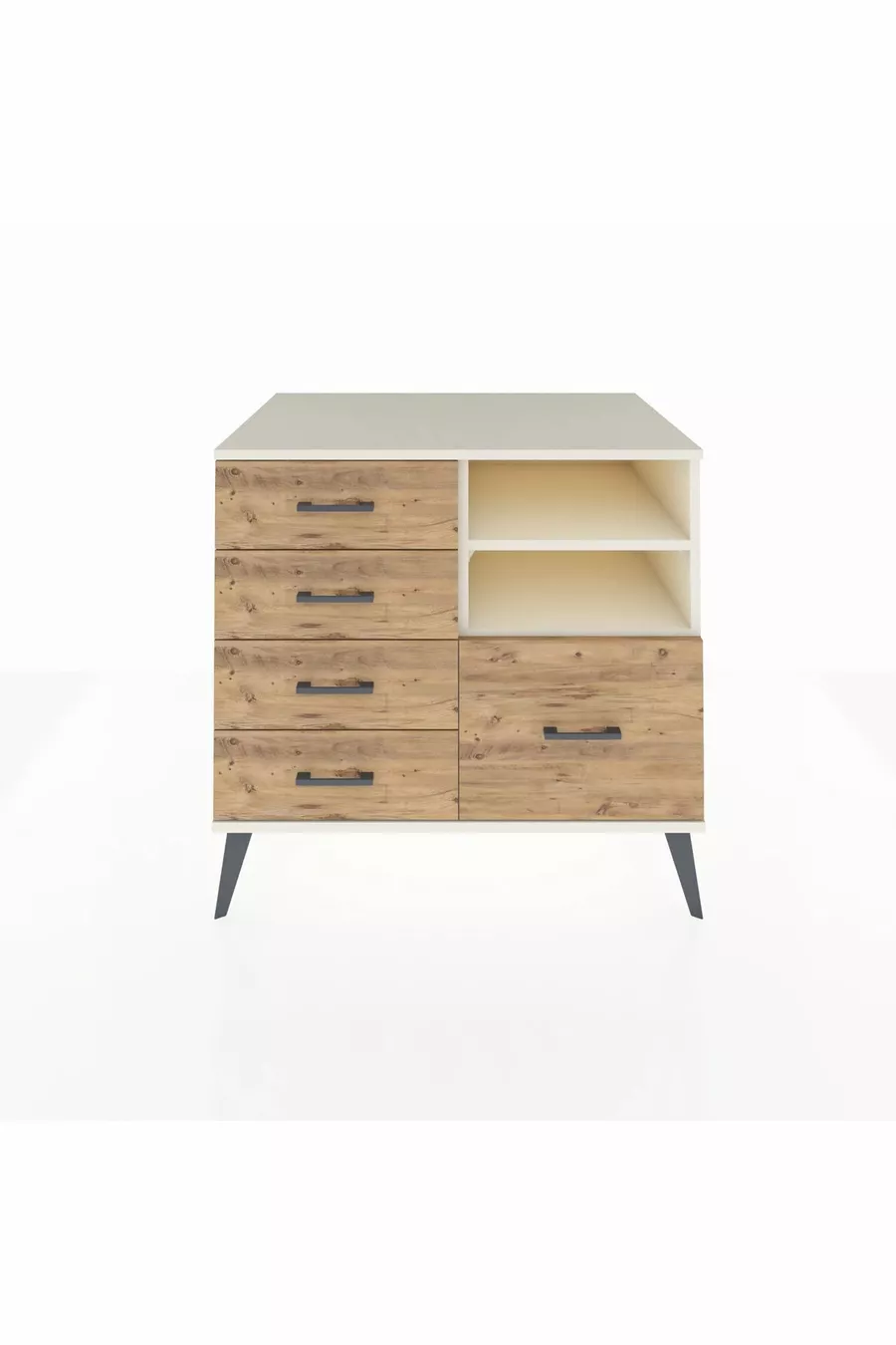 Commode Kronos 2 étagères 5 tiroirs Pierre de lune/Pin