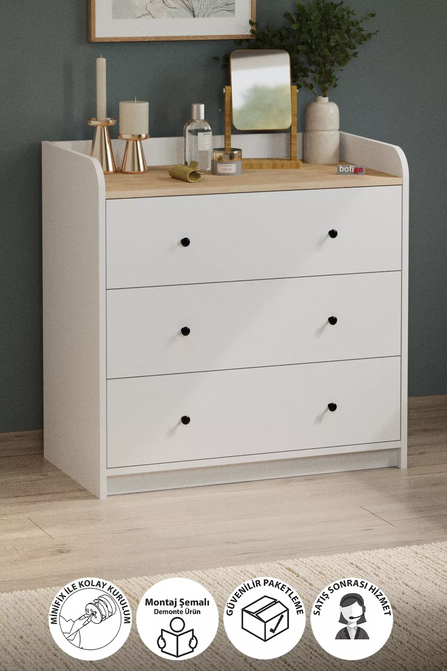 Commode à 3 tiroirs, commode à 6 compartiments, armoire de chambre à coucher, Begüm Safir Chêne Blanc