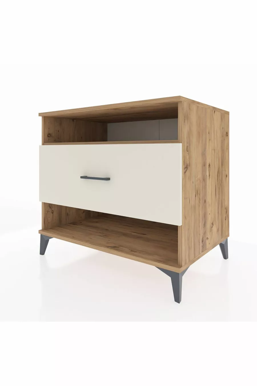 Commode Kronos à une étagère et un tiroir, en pin et travertin