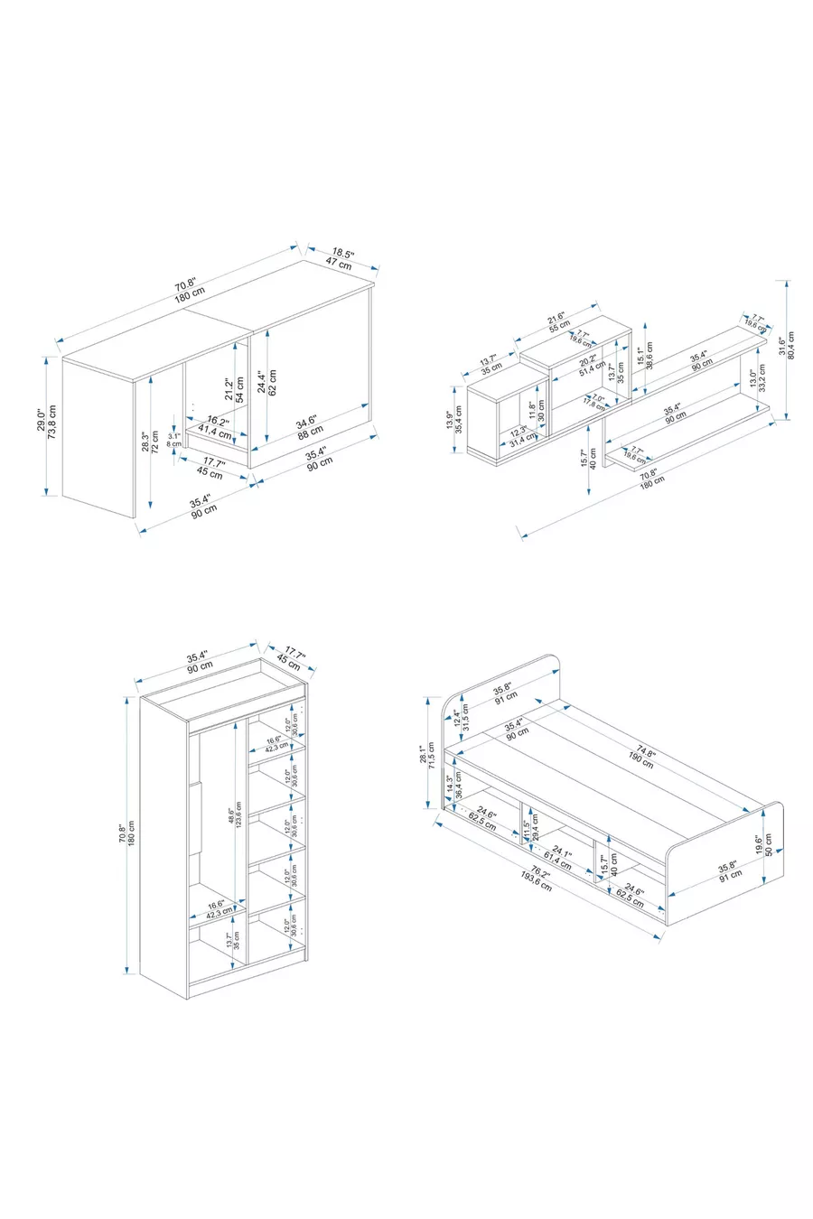 Chambre Jeune Akser Ensemble 4 pièces – Blanc (Bureau, Lit, Armoire, Étagère murale)