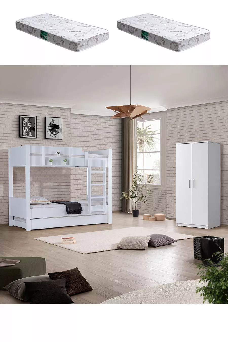 Lits superposés, lits superposés modulables en Asie avec armoire à deux portes, blanc, 2 matelas confort