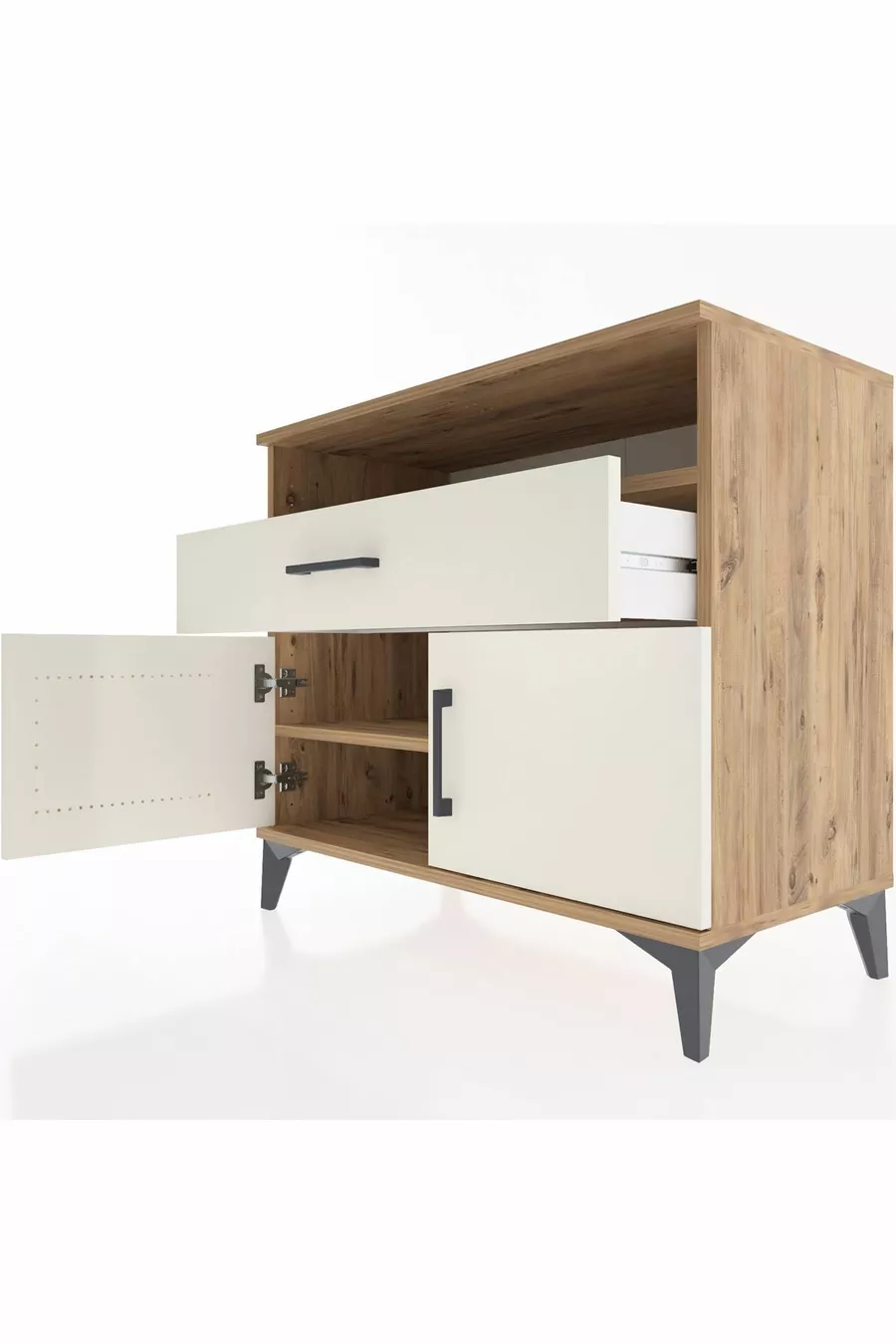 Commode Hyperion avec 2 étagères, 1 tiroir et 2 portes, pin-pierre d'onyx