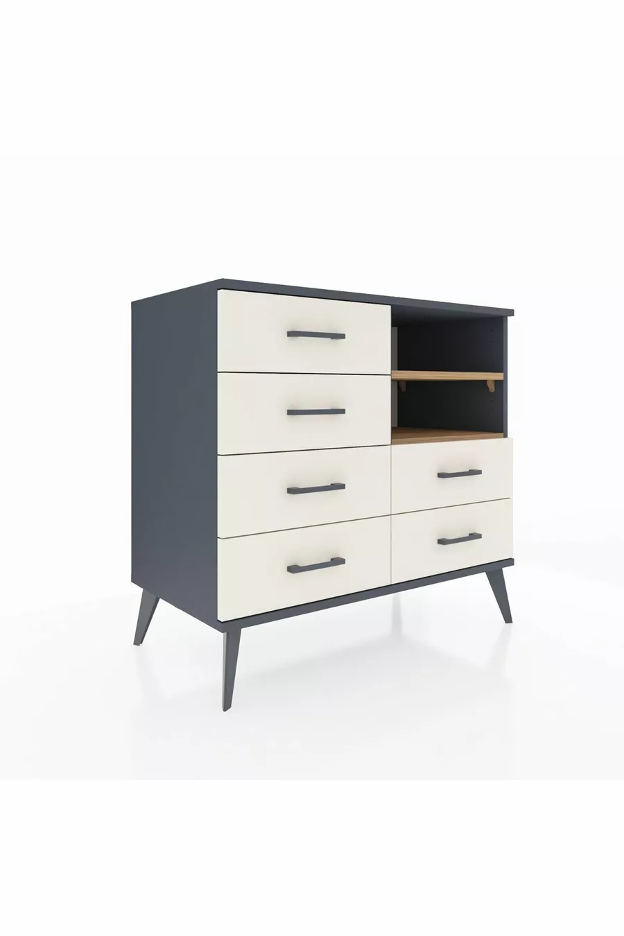 Commode Hyperion 2 étagères 6 tiroirs Anthracite-Pin/Pierre de Lune